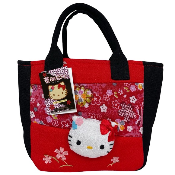 Hello Kitty Traditional Japanese Chirimen Collection Mini Tote Bag Sanrio Red - Picture 1 of 10